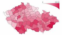 Počet lidí z potvrzeným covidem na 100 tisíc obyvatel k 1. květnu 2021. Jak je vidět z mapy, Prachaticko teď patří mezi nejhůř zasažené okresy.