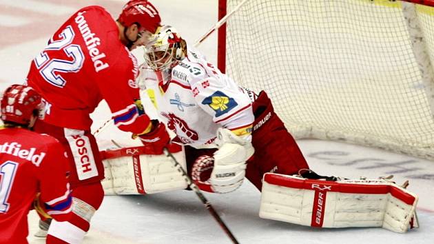 Utkání  Tipsport hokejové extraligy mezi HC Mountfield České Budějovice a HC Oceláři Třinec.