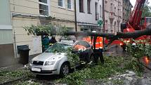 V českobudějovické třídě Čsl. legií spadla za bouřky ze stromu obrovská větev, která poničila i dvě zaparkovaná auta.