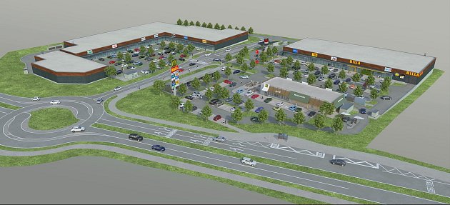 Firma Portin, která zahájila stavbu nákupního parku u Lišova, připravuje další podobnou obchodní zónu u Starých Hodějovic (na obrázku). Vizualizace: Portin