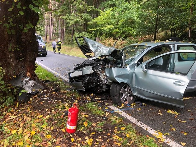 Auto narazilo 25. 9. 2022  u Vyššího Brodu, části obce Hrudkov do stromu.