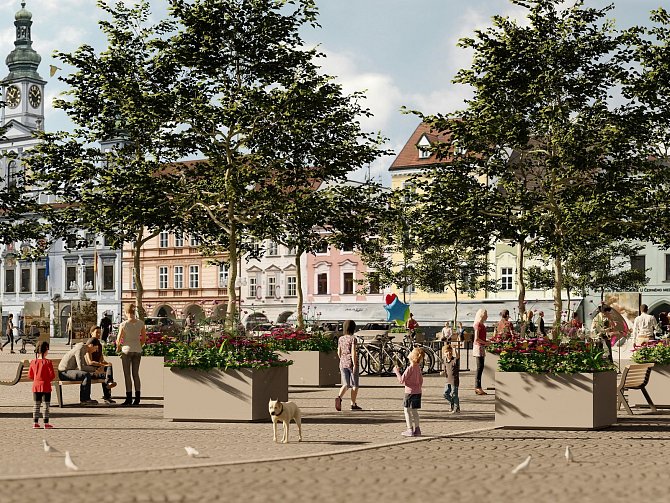 Na náměstí Přemysla Otakara II. chce rada města změnit dopravní poměry a umístit stromy.