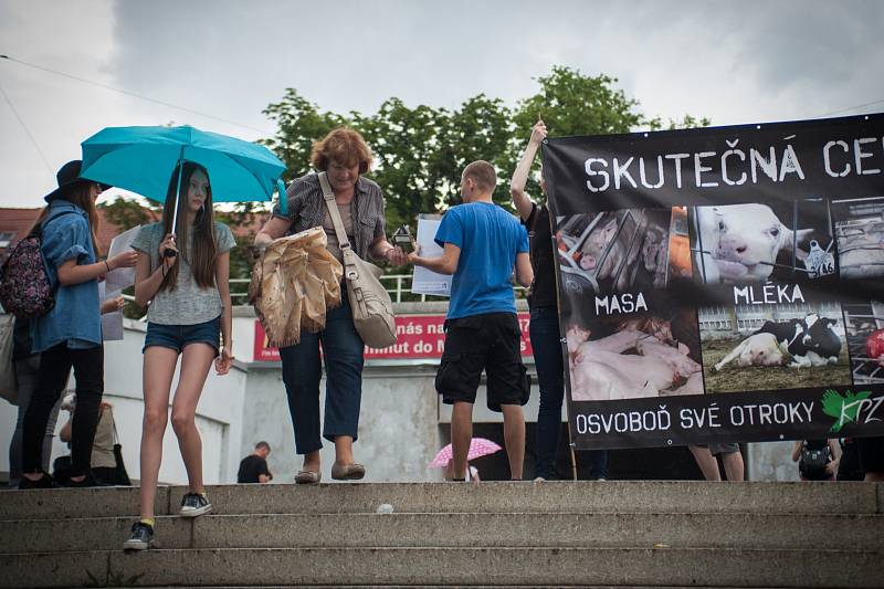 Aktivisté lidem přicházejícím na výstaviště rozdávali letáky a symbolicky nabízeli lidské otroky, kteří byli, podobně jako hospodářská zvířata, přivázaní na řetězech.