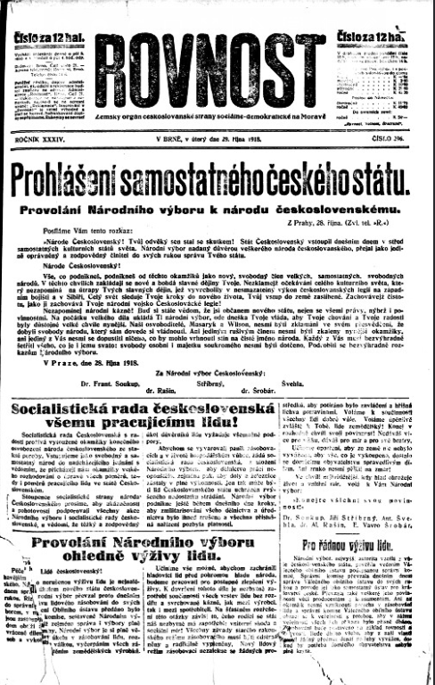 Titulní strana Rovnosti z 29. října 1918.