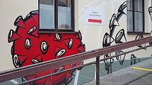 Brno 16.11.2020 - kreslíř Michal Pavlík vytvořil u odběrového místa ve Fakultní nemocnici u sv. Anny v Brně graffiti s motivem koronaviru