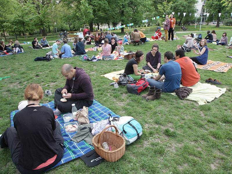 Hromadný piknik v trávě v parku za účasti několika desítek lidí. Tak vypadalo dopoledne v brněnském Tyršově sadu.