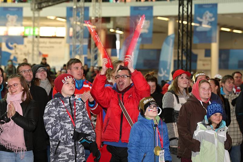 Fanoušci na Olympijském festivalu v Brně podporovali český hokejový tým všemi silami.