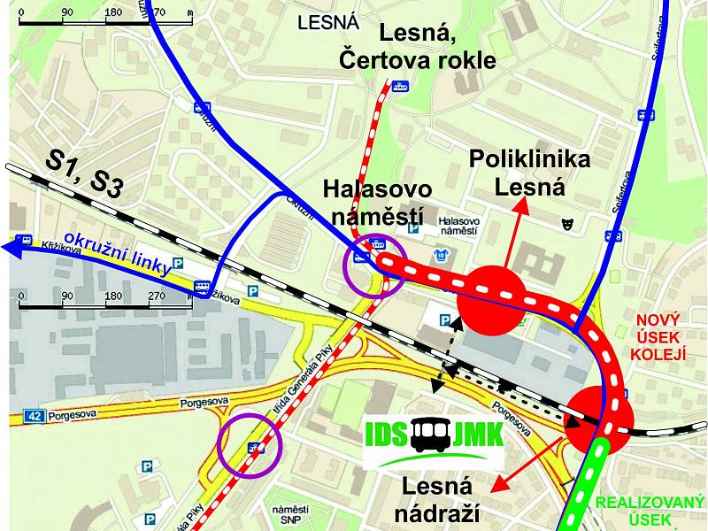 Kudy povede nová tramvajová trať na Lesnou.