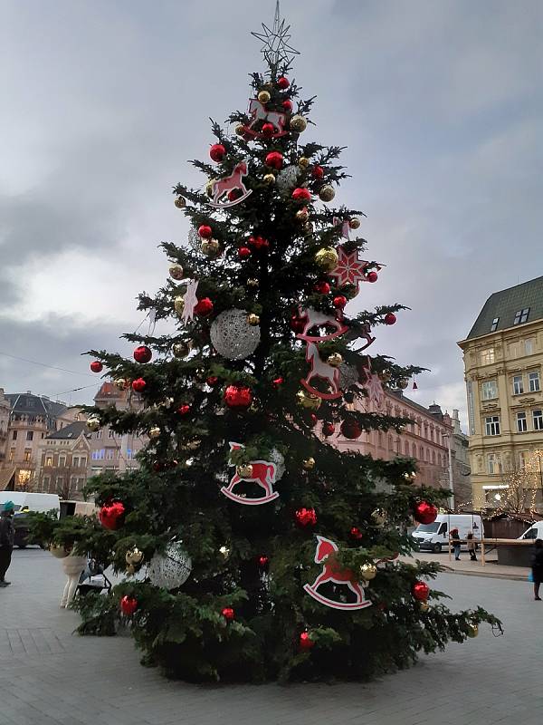 Vánoční strom na náměstí Svobody v Brně už zdobí koníci, vločky a baňky.