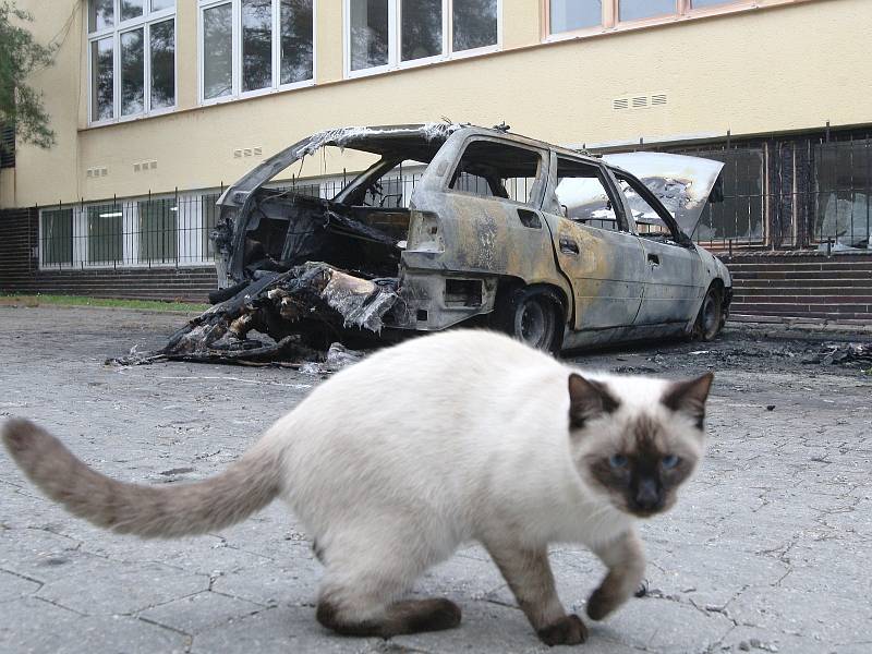 Požár šesti kontejnerů a auta v Jundrově.