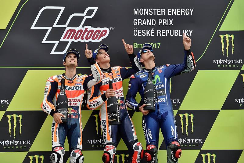 Monster Energy Grand Prix České republiky 2017, Moto GP - zleva Dani Pedrosa, Marc Márquez a Maverick Viňales.