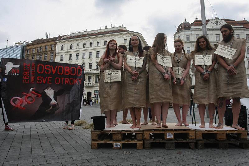 Happening na náměstí Svobody, kterým Kolektiv pro zvířata vyjádřil nesouhlas s Národní výstavou hospodářských zvířat na brněnském výstavišti. Součástí byla také aukce otroků.