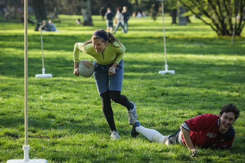 Famfrpál je sport, který vymyslela autorka příběhu o mladém kouzelníkovi Harrym Potterovi. Zatímco ve knihách hráči létají na metlách, příznivci hry ze skutečného světa si při běhu mezi nohami přidržují tyče. 