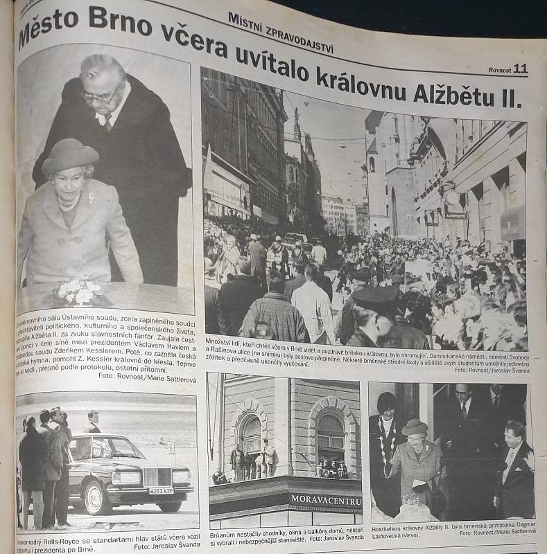 Vydání Rovnosti z konce března 1996, ve kterém tehdejší redaktoři informovali o návštěvě královny Alžběty II. v Brně