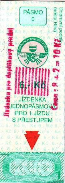 Jednopásmová jízdenka pro jednu jízdu s přestupem byla v Brně v platnosti za cenu šesti korun původně od 1. ledna 1996 do 31. prosince 1996, ale v druhé polovině tohoto roku došlo ke zdražení na osm korun.