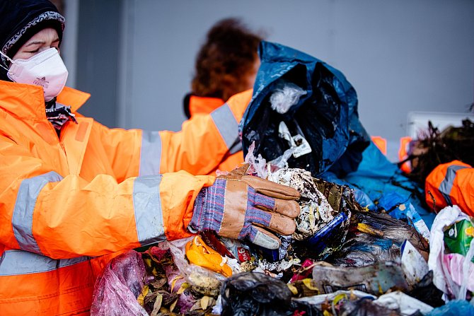 Pracovníci odborné firmy třídí odpad z popelnic.