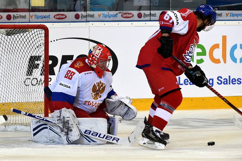 Carlson Hockey Games v brněnské DRFG aréně mezi Českem v červeném a Ruskem.