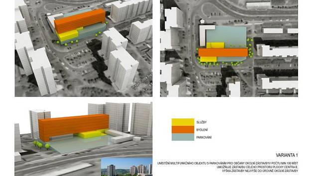 varianta 1: umístění multifunkčního objektu s parkováním pro občany okolní zástavby v počtu min. 100 míst, umožňuje zástavbu celého prostoru plochy „Centra B“, výška zástavby nejvýše do úrovně okolní zástavby.
