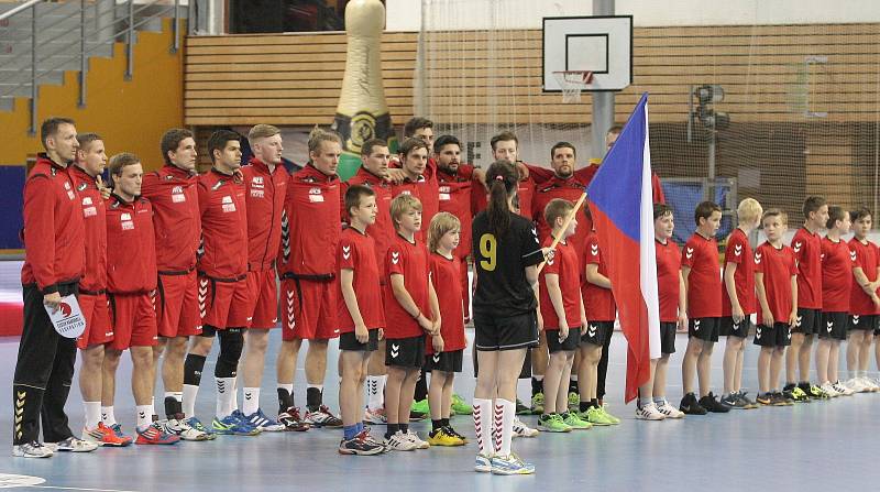 Čeští házenkáři (v červeném) podlehli v brněnském kvalifikačním zápase o mistrovství Evropy Francii jasně 24:34.