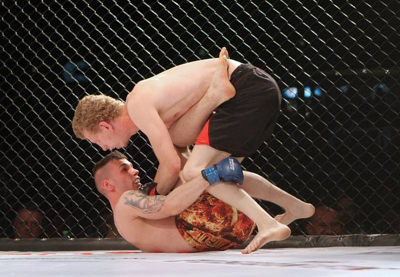 V kategorii do 66 kilogramů MMA zvítězil Brňan Štěpán Šlapanský (v černých trenkách) nad Polákem Adamem Witkowskim ve druhém kole chvatem.