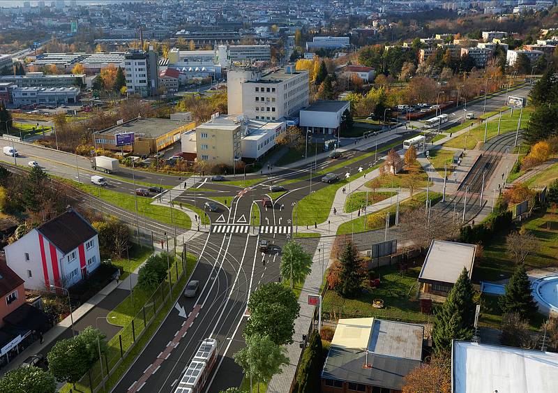 Budoucí podoba prodloužené tramvajové trati ze Štefánikovy čtvrti na Lesnou: křižovatka s třídou Generála Píky.
