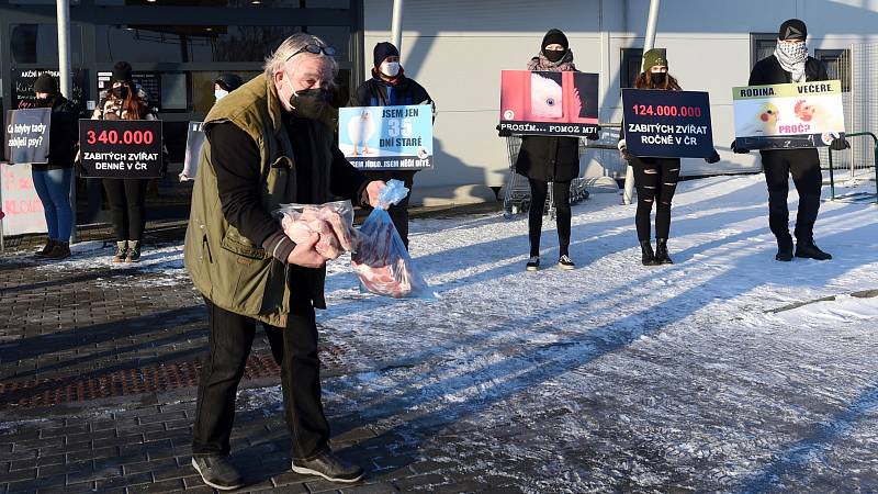 Protest aktivistů skupiny Brno Chicken Save v Modřicích proti zabíjení zvířat.