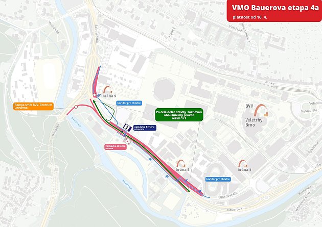 New traffic restrictions due to construction of Brno VMO Bauerova.  They will close the ramp behind the Pisarecký tunnel and the driver will have to take a detour.