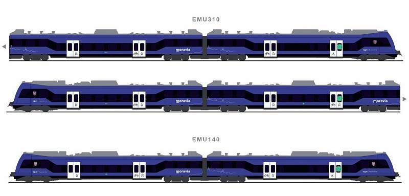 Návrhy barevného vzhledu nových vlaků pro Jihomoravský kraj.