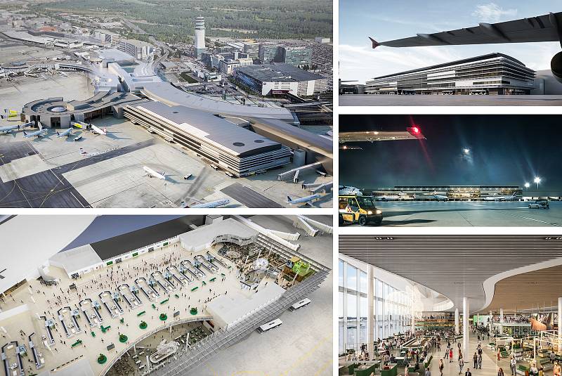 Albert Wimmer (Vídeň): Jižní rozšíření Terminálu 3, Mezinárodní letiště ve Vídni, Rakousko. Vizualizace.