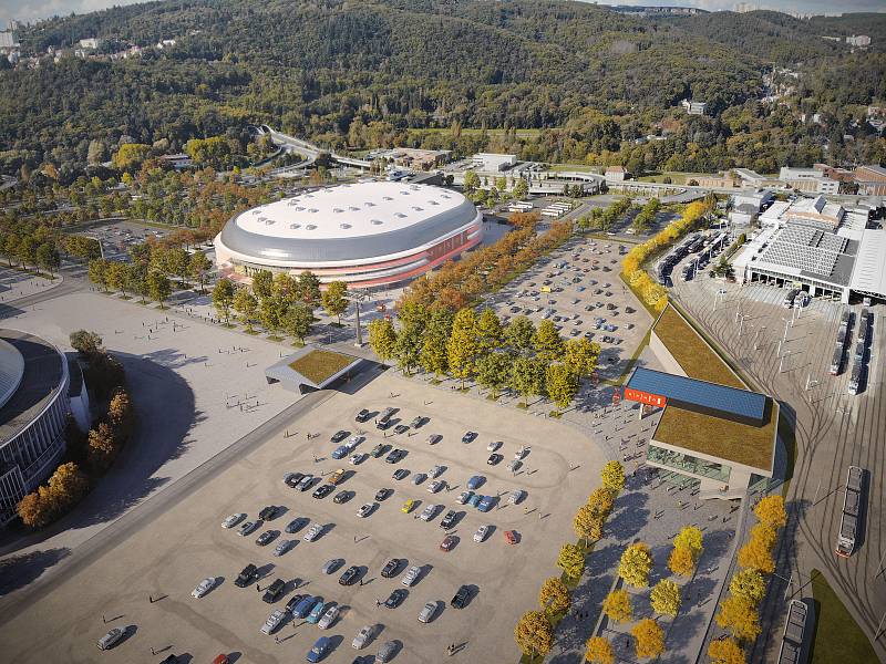 Nová multifunkční Arena Brno z pohledu od tramvajové zastávky Lipová k Pisáreckému tunelu.