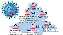 Mapa nákazy v Jihomoravském kraji.