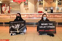 Čtveřice lidí bojujících za osvobození zvířat protestovala ve středu v obchodním centru Globus v Brně proti živočišné výrobě.