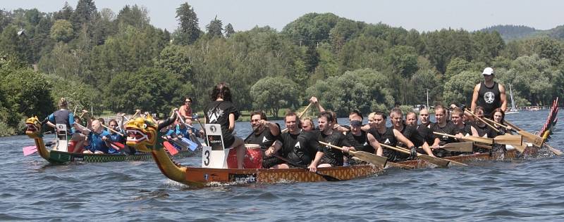 Závodu dračích lodí na brněnské přehradě o víkendu počasí přálo.