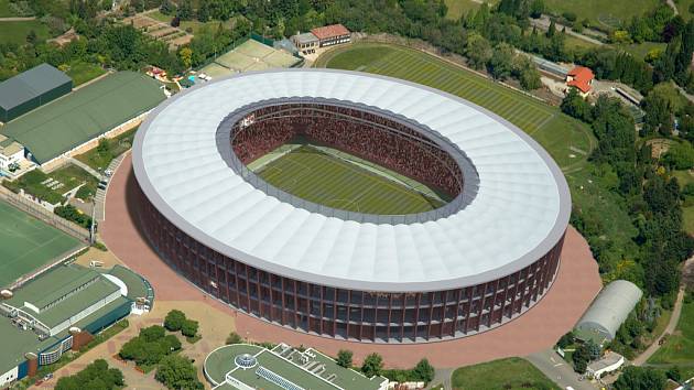 Vizualizace podoby stadionu za Lužánkami z roku 2008. Projekt bylo třeba upravit, aby odpovídal současným požadavkům.