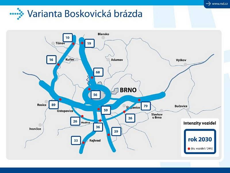 BOSKOVICKÁ BRÁZDA. Kdyby rychlostní silnice R43 vedla Boskovickou brázdou, bude po městském okruhu oproti nulové variantě jezdit o čtyři tisíce aut méně. Severu Brna se uleví o sedm tisíc aut denně.