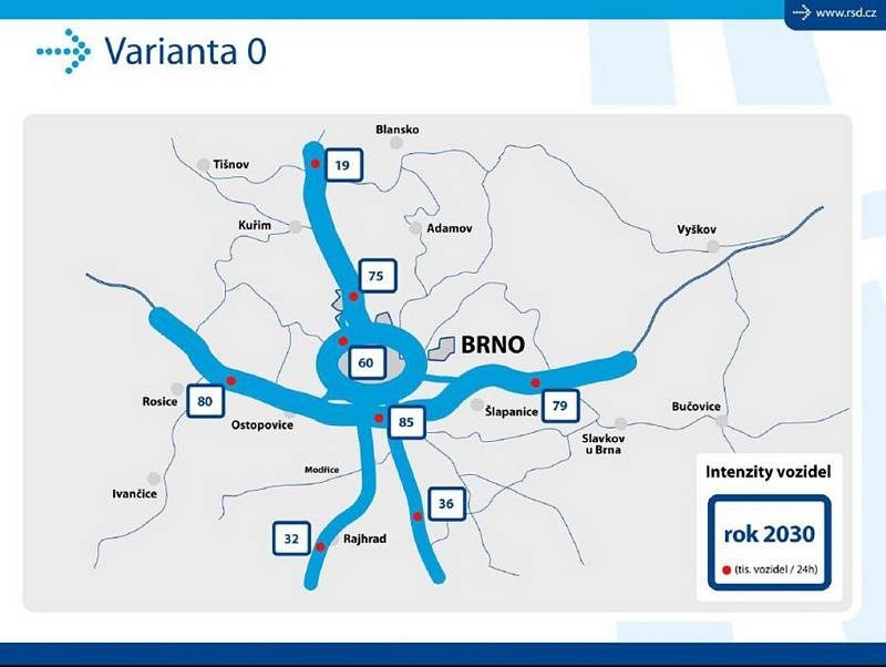 NULOVÁ VARIANTA. Pokud by ještě ani v roce 2030 nestála rychlostní silnice R43, tak bude po velkém městském okruhu Brna jezdit asi šedesát tisíc aut denně a severem Brna projíždět pětasedmdesát tisíc aut.