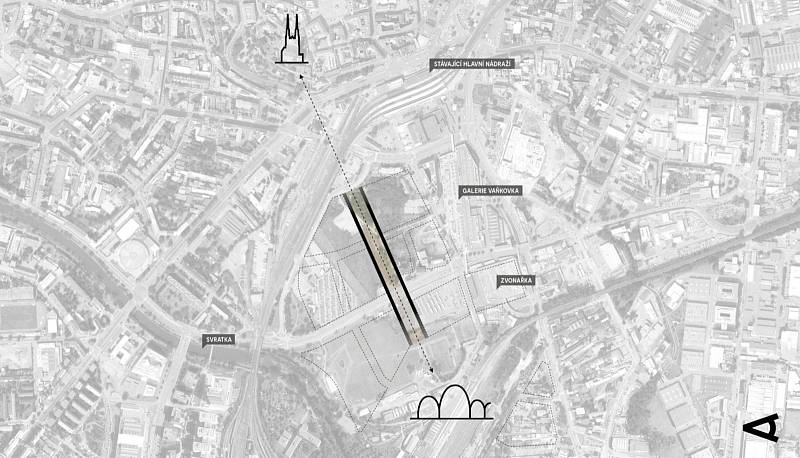 Bulvár. Hlavní spojnice mezi novým moderním nádražím a historickým centrem, která bude tvořit páteřní komunikační osu nové čtvrti Trnitá.
