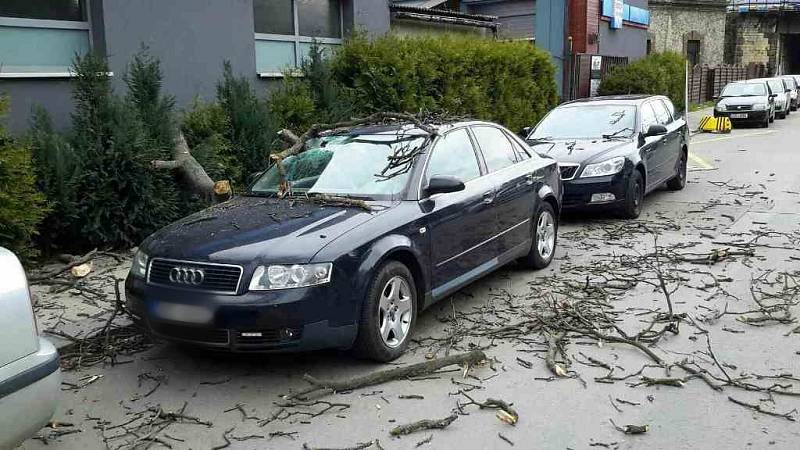 Kvůli silnému větru spadla část stromu na auto v brněnské Křídlovické ulici. Poničená byla i střecha nebo zeď domu.