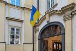 The state flag of Ukraine hangs on the building of the Brno-Wednesday City Hall.