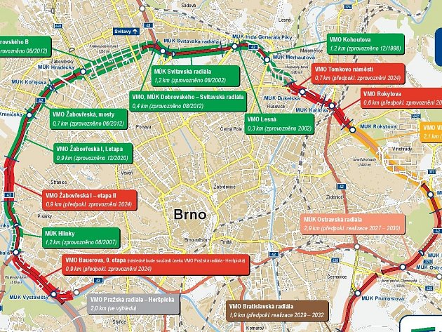 Aktuální mapa harmonogramu prací na velkém městském okruhu v Brně.