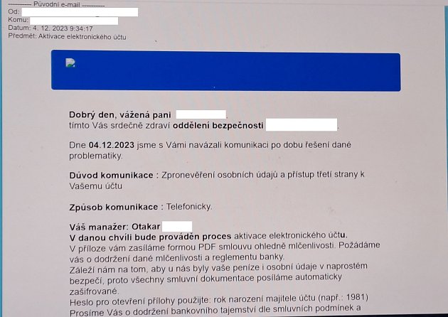 Podvodný e-mail, který dostala důchodkyně z Brněnska od podvodníků, aby jim snáze uvěřila.