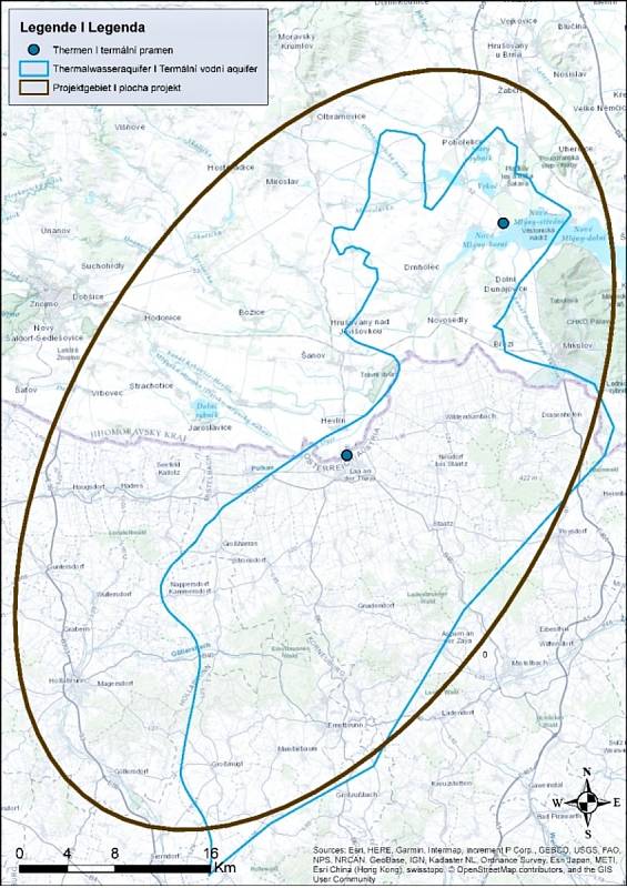 Mapky s vyznačenou oblastí česko-rakouského projektu, který se zabývá problematikou původu, kapacit a využití termálních vod v regionu Laa - Pasohlávky.