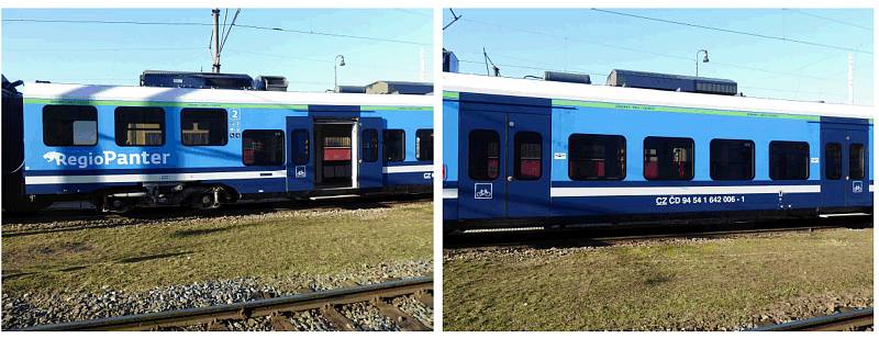 Vlakové vozy s usměrněným nástupem budou označené zeleným pruhem nad okny s doplňujícím textem. Ilustrační foto.