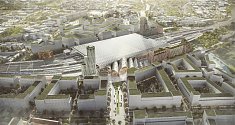 Vítězný návrh architektonické soutěže na podobu nového hlavního vlakového nádraží v Brně. Mohlo by se jmenovat Zastávka Brno - Šalingrad.