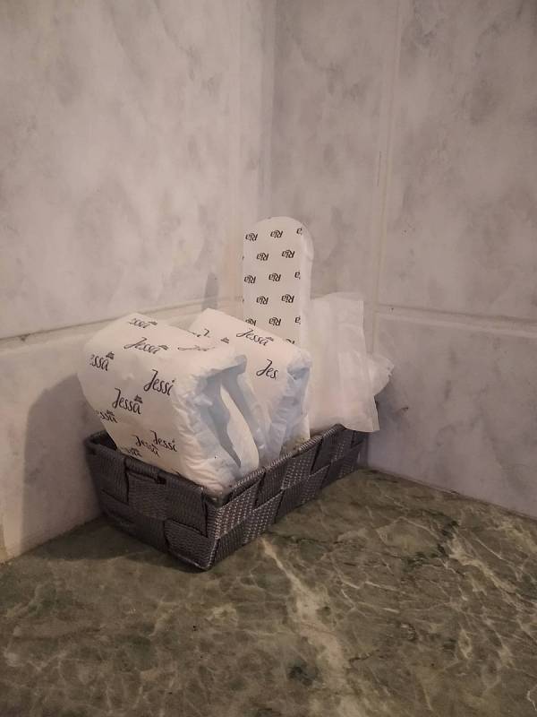 Dámské hygienické pomůcky umístěné na pánských toaletách Fakulty výtvarného umění Vysokého učení technického v Brně.