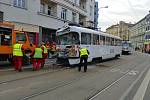 Poškozené tramvaje po nehodě, která se stala v pondělí ráno v brněnské Křížové ulici.