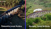 Železniční most Kutiny na Brněnsku a železniční viadukt ve Skotsku.