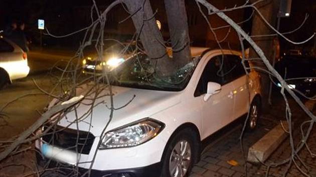 Rozlomený strom v Brně probodl čelní sklo osobního auta.