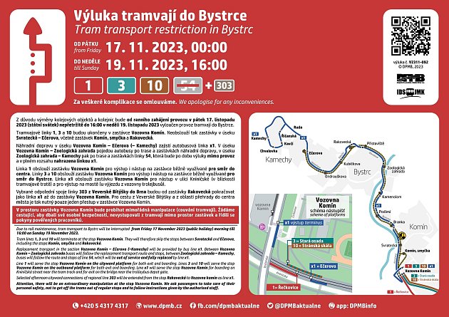 Výluka tramvají do Bystrce.