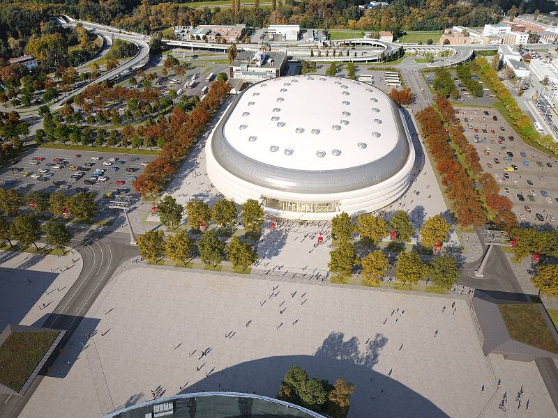 Nová multifunkční Arena Brno z pohledu od Pavilonu Z k Bítešské ulici.